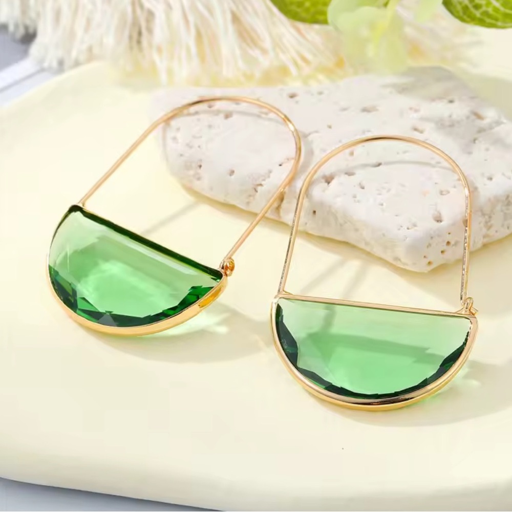 Anthropologie Light Green Glass Crescent Hoop Gold Earrings - Picture 6 of 7